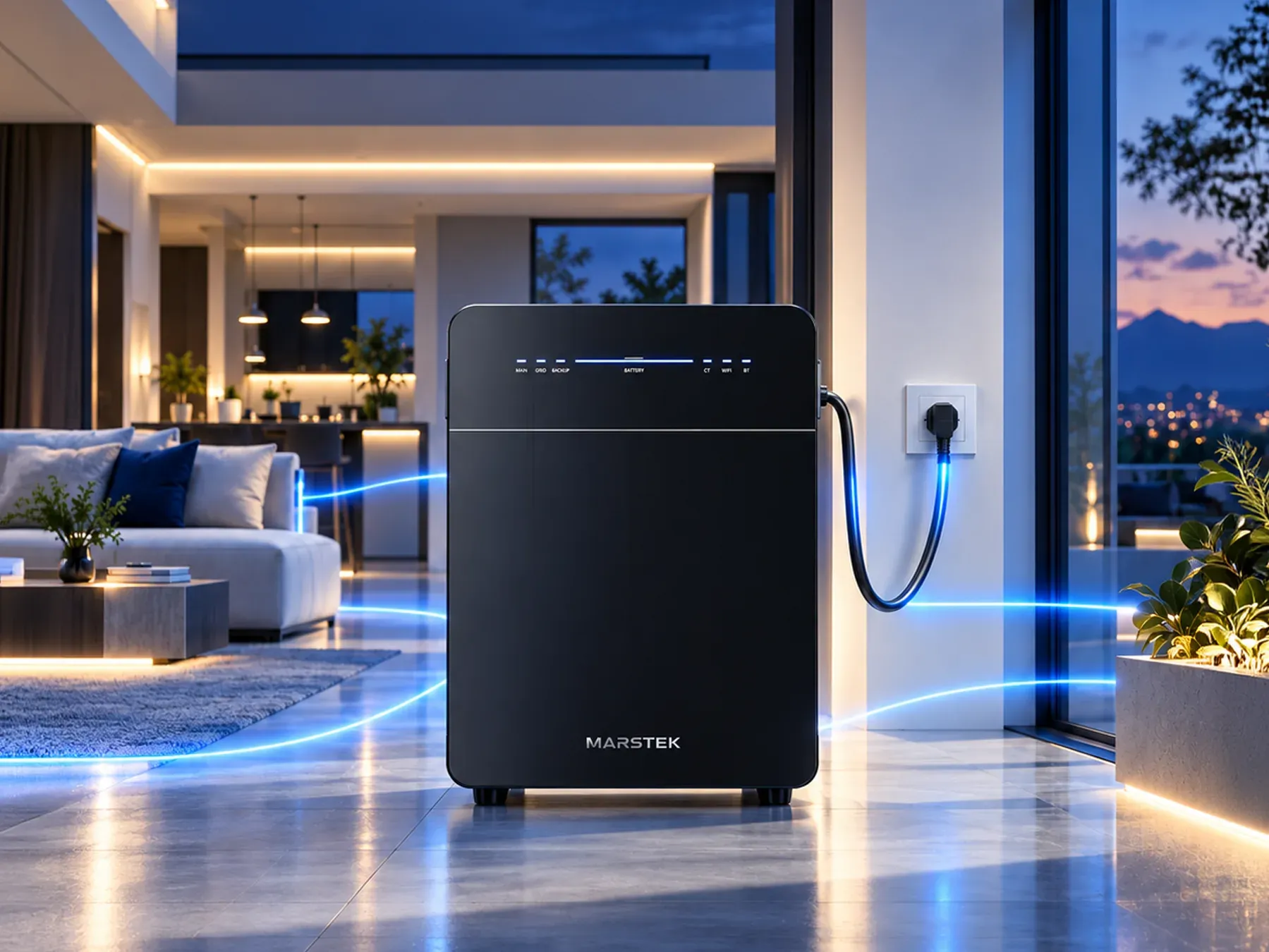 A black MARSTEK home battery in a modern living room at dusk, with blue energy-flow lighting tracing power through the home.