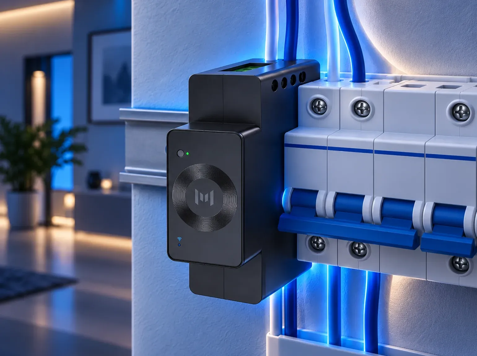 A black MARSTEK smart meter mounted on a DIN rail beside white circuit breakers with blue wiring, in a modern home at dusk with blue accent lighting.