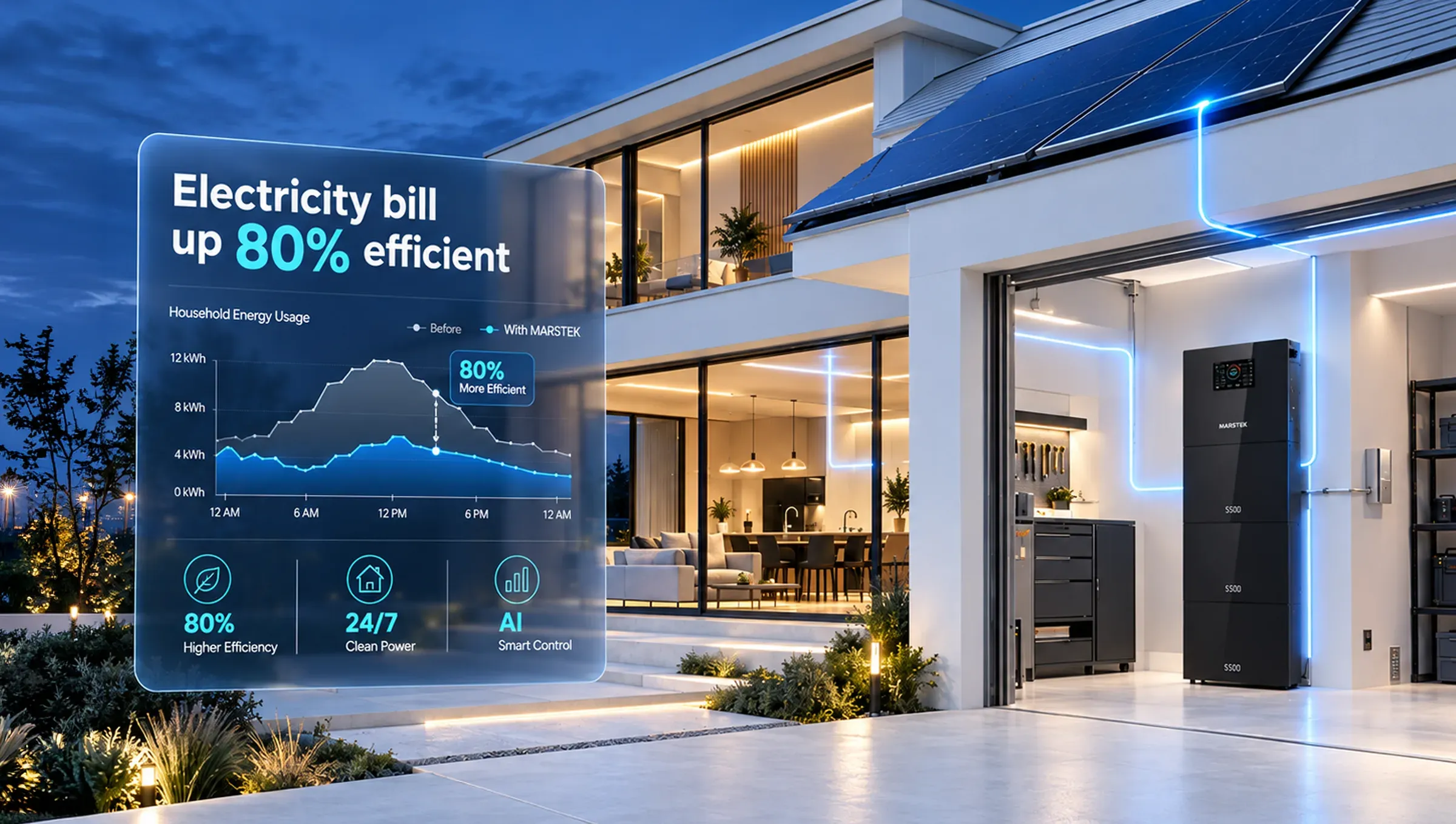 A home at dusk with roof solar and a stacked MARSTEK battery in the garage. A panel reads: Electricity bill up 80% efficient. A chart of household energy usage across a day compares Before with With MARSTEK, marked 80% More Efficient, above three figures — 80% higher efficiency, 24/7 clean power, AI smart control.