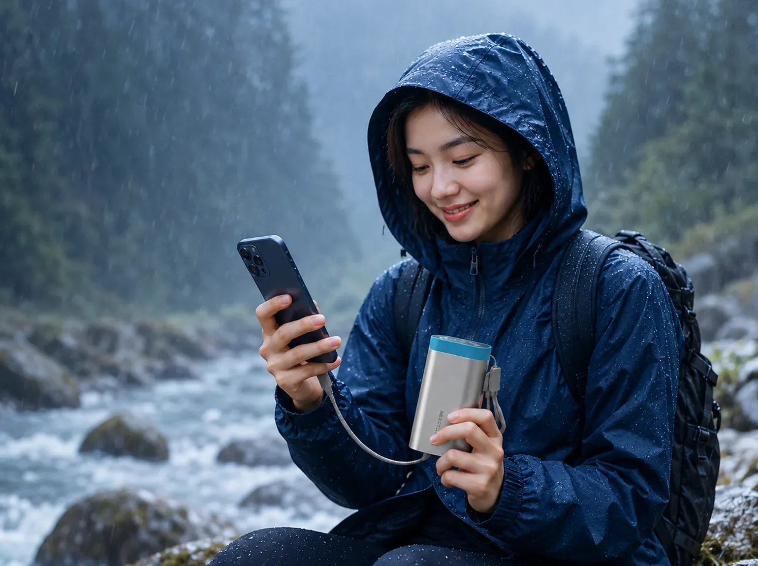A smiling hiker in a rain-soaked navy hooded jacket and backpack sits beside a rushing mountain stream in the rain, her phone charging by cable from a silver and blue MARSTEK power bank in her other hand, with misty pine forest behind.